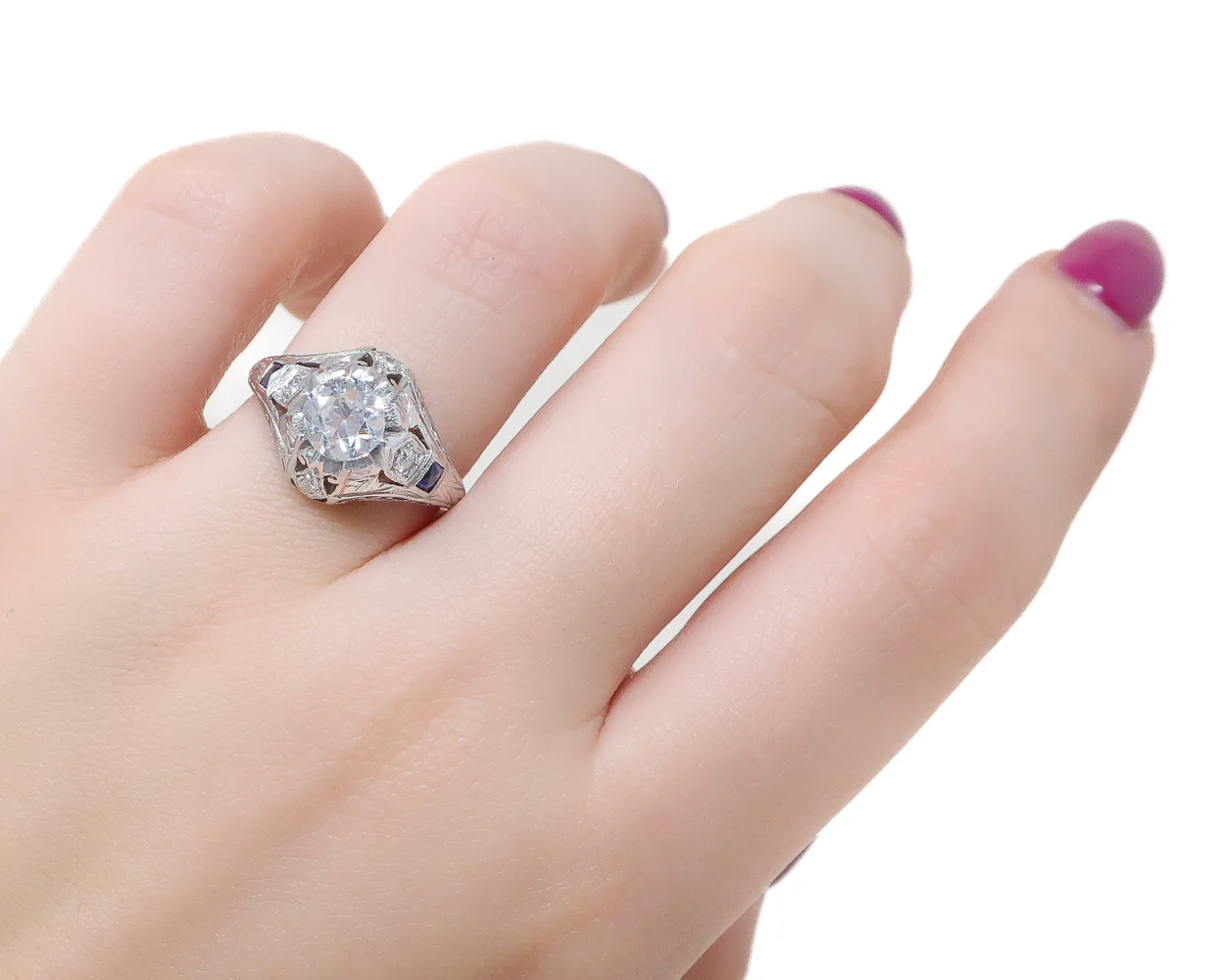 Art Deco Diamond Ring with Sapphire Accents - Image 5