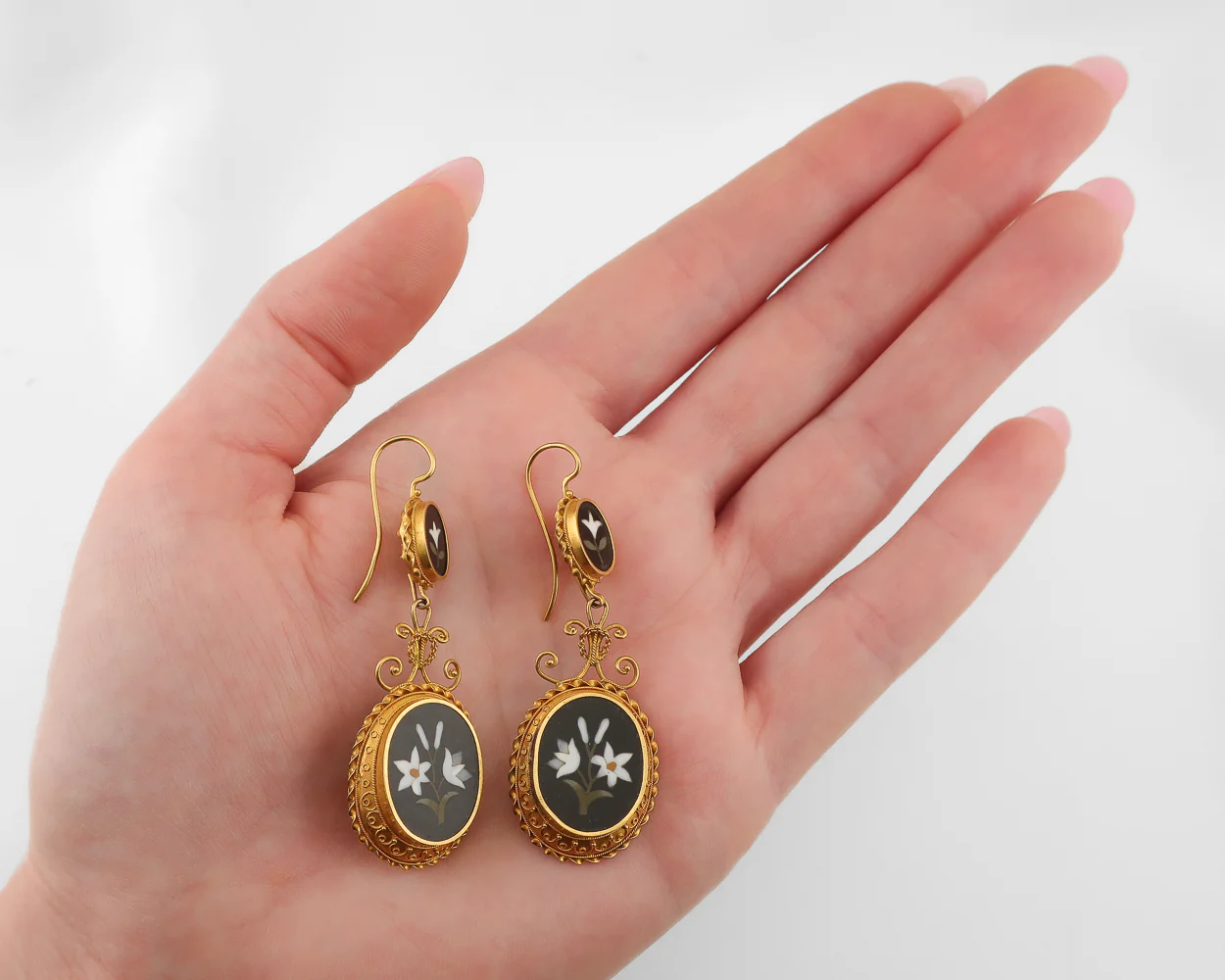 Victorian Pietra Dura Floral Earrings - Image 2