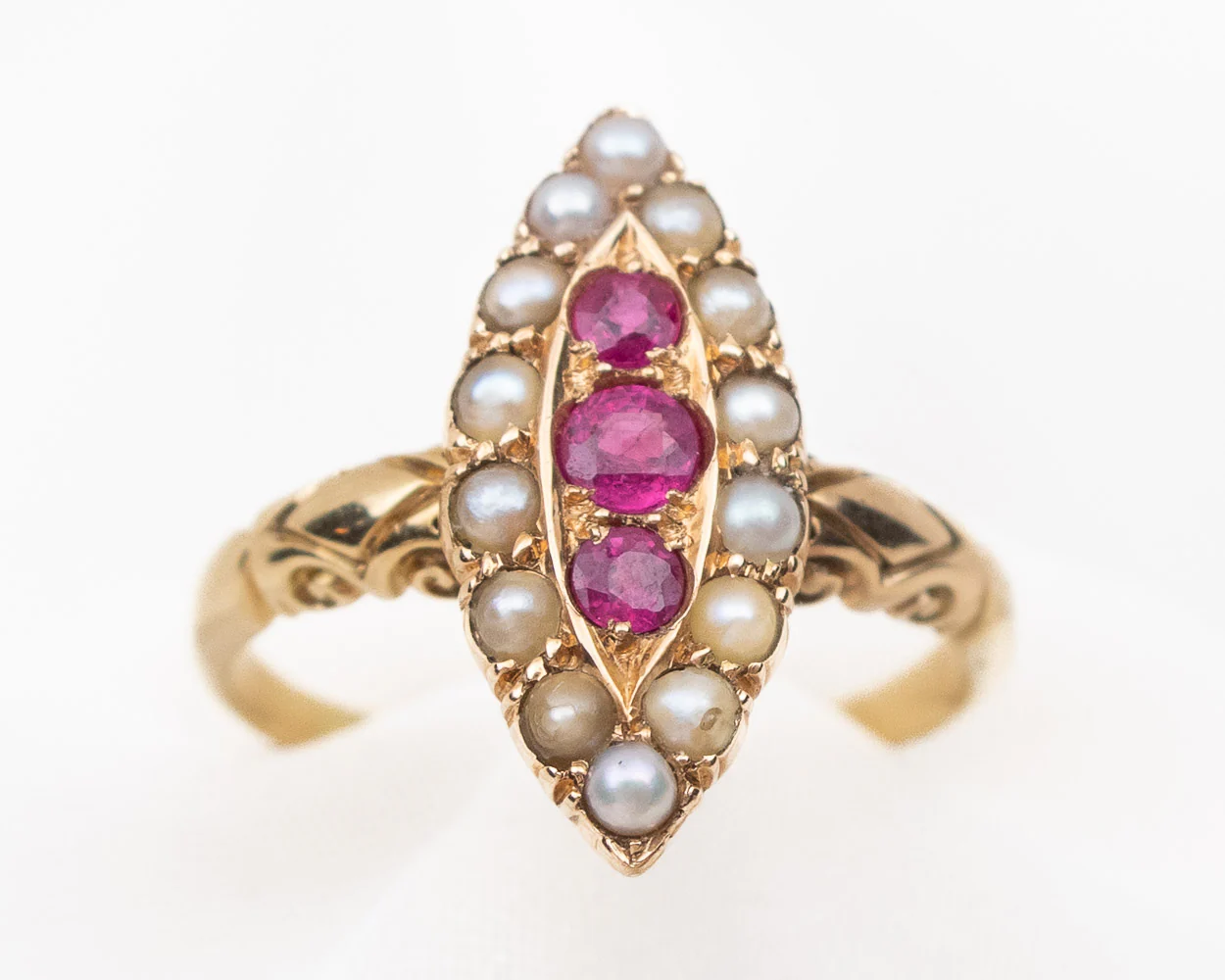 Victorian Ruby & Pearl Navette Ring